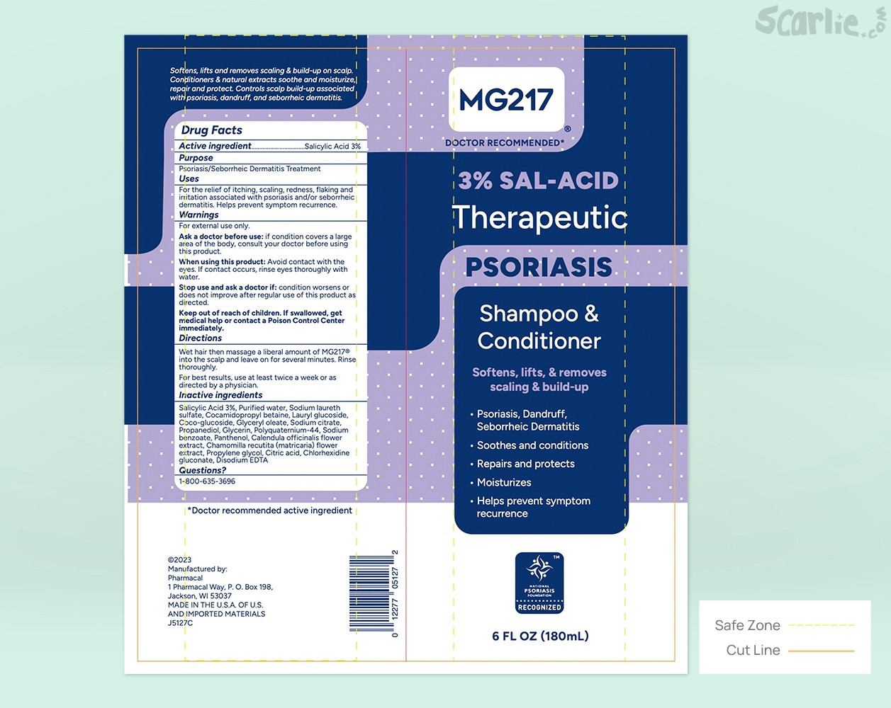 flat designs of the front and back of mg217 psoriasis shampoo tube