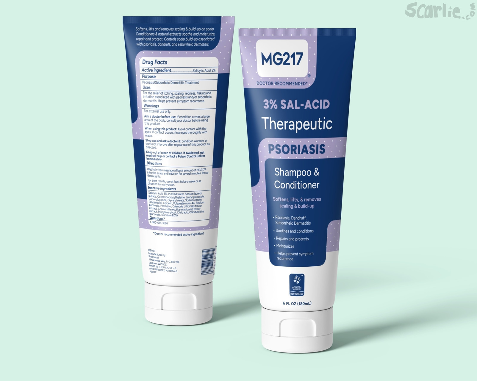 mockups of the front and back designs of mg217 psoriasis shampoo