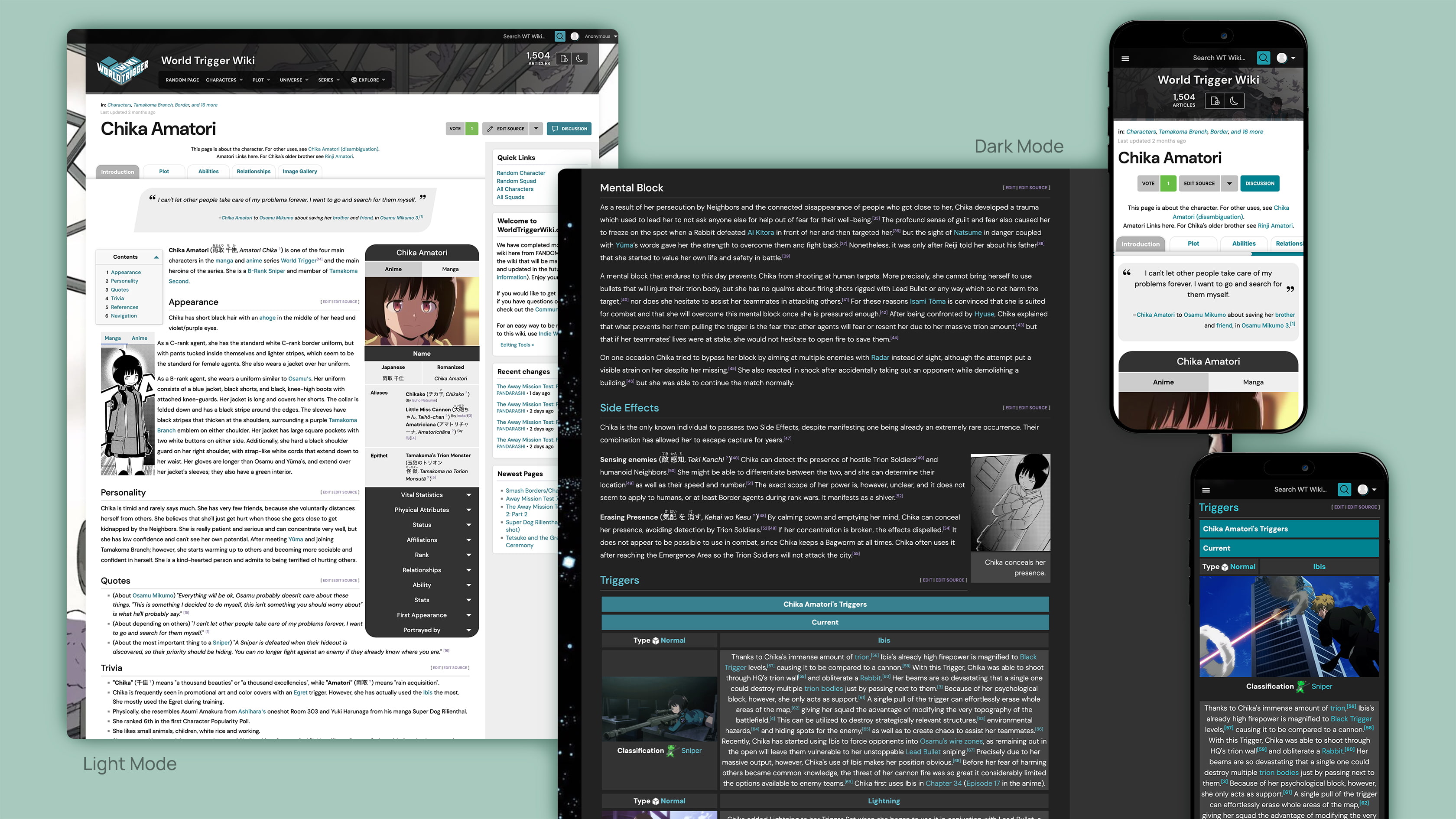 A character page on WorldTriggerWiki.com in both light mode and dark mode, including desktop and mobile views.
