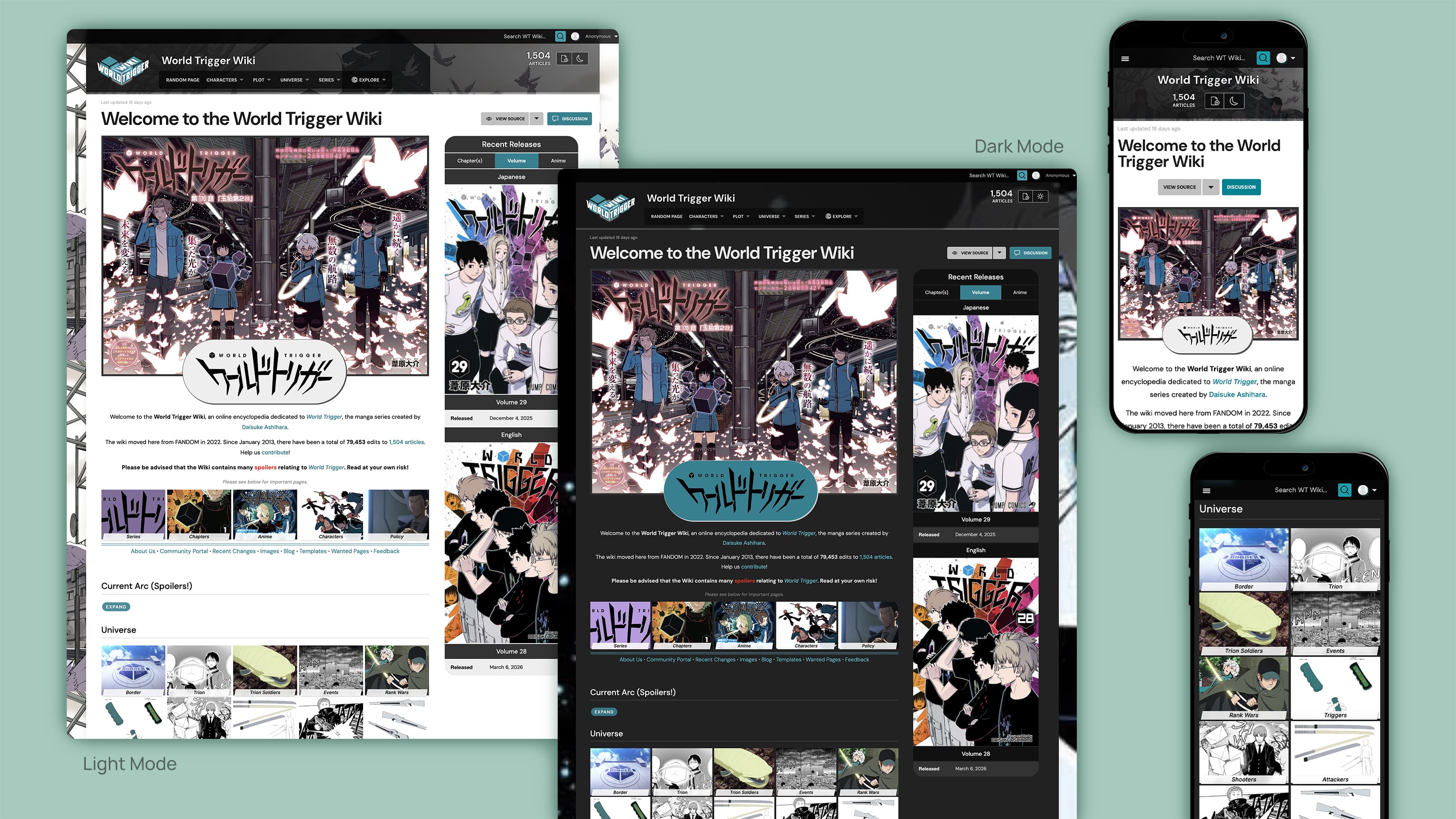 Home page of WorldTriggerWiki.com in both light mode and dark mode, including desktop and mobile views.